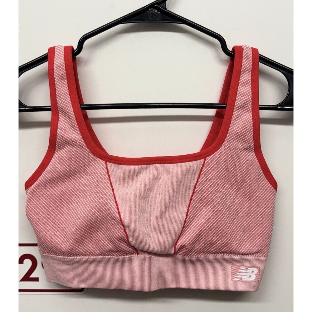 New Balance L Women's Pink Red Stripes Seamless Mid Impact Padded Sport Bra NWOT